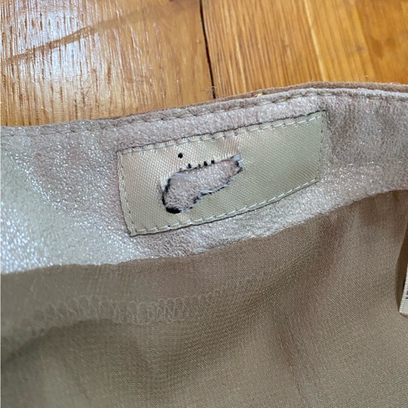 Vintage 90s/Y2K Leather Suede Gored Pieced Flare Mini Midi Taupe/Tan Skirt 8 - Picture 13 of 15